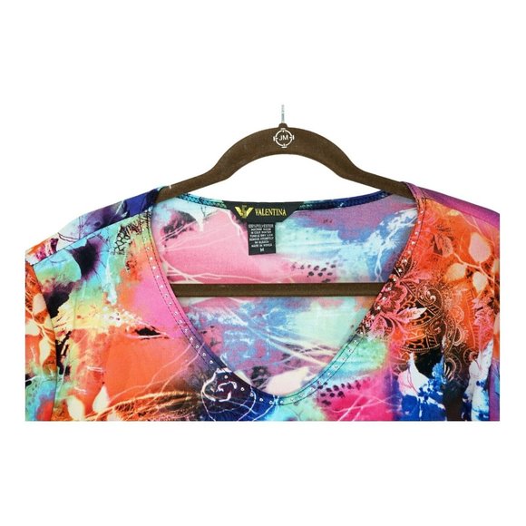 Valentina Artsy Multicolor Knit Top Shirt Blouse Rhinestones Size M Floral Print - Picture 6 of 8